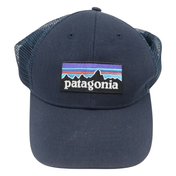 Patagonia Snapback Trucker Hat Navy Blue Cap Mesh Back Spell Out Mountain Patch - Picture 1 of 10